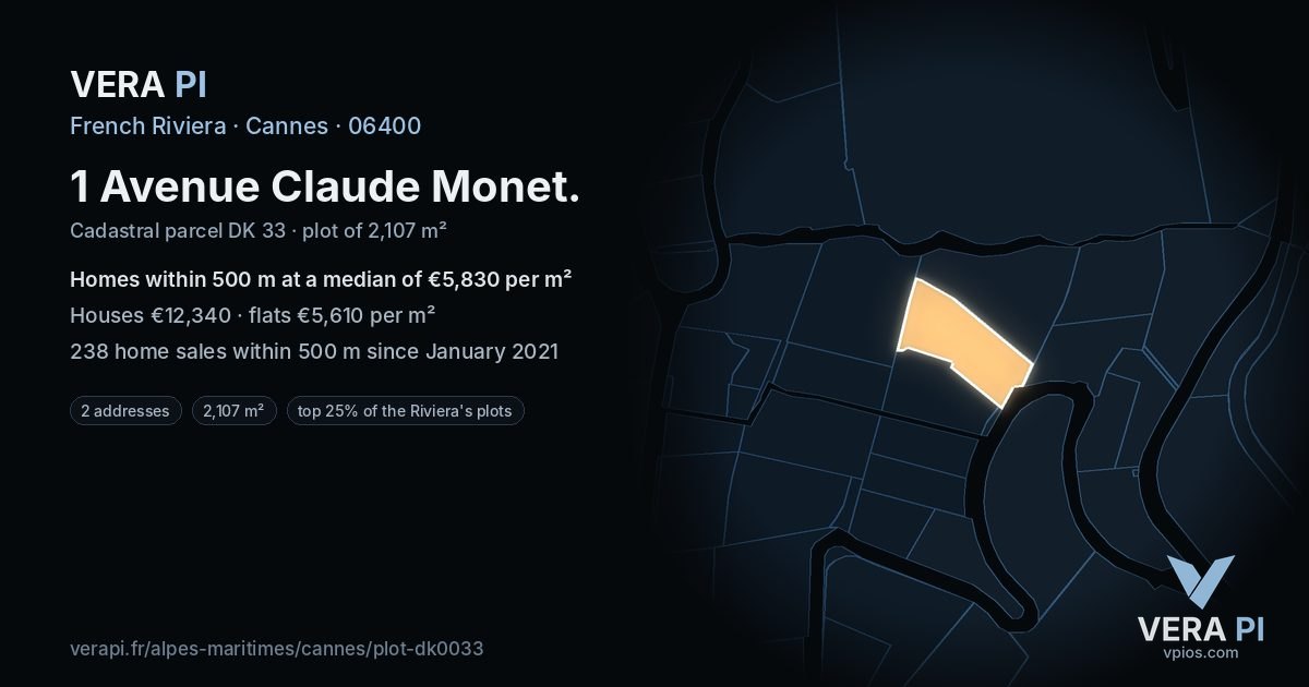1 Avenue Claude Monet, Cannes at night – the plot lit, the parcels around coloured by the prices near them