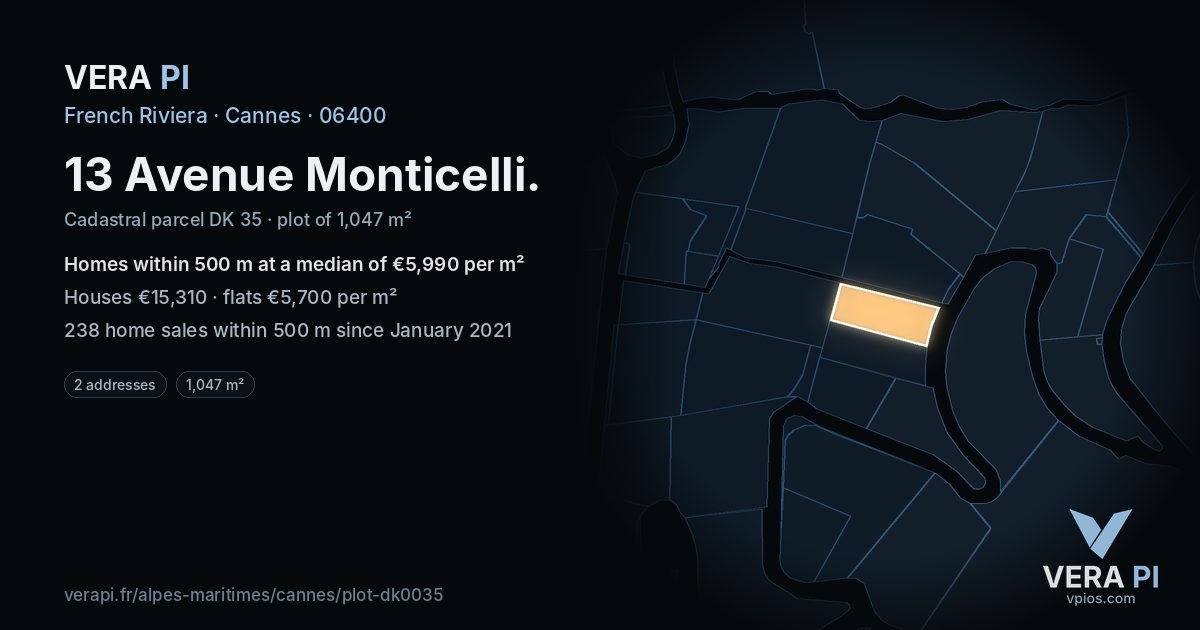13 Avenue Monticelli, Cannes at night – the plot lit, the parcels around coloured by the prices near them