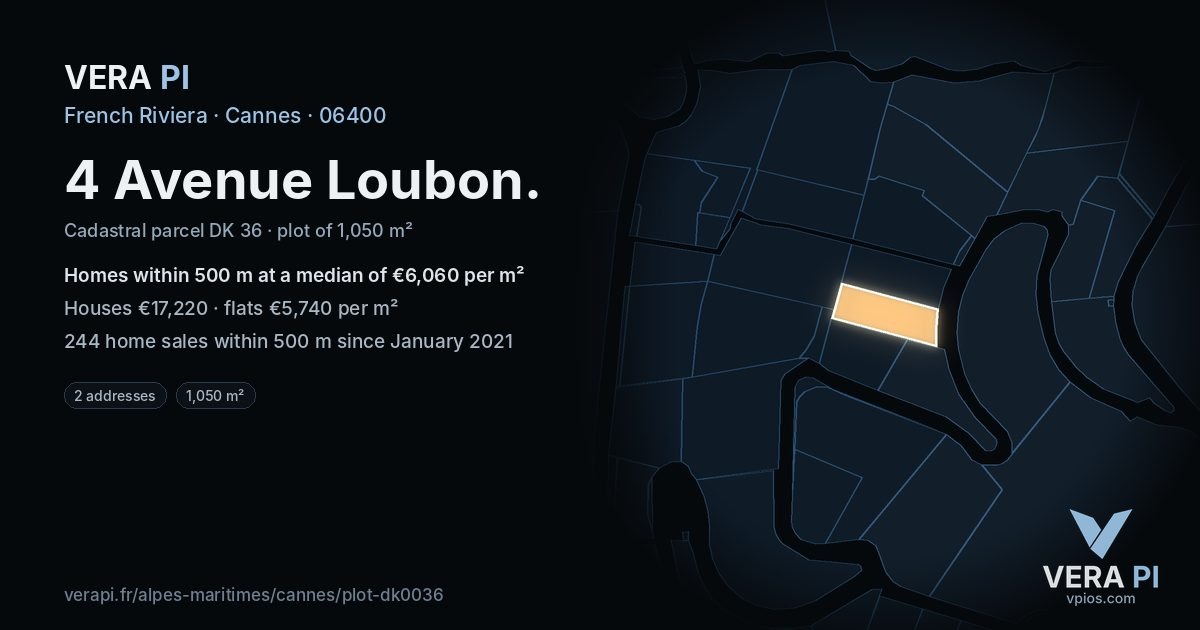 4 Avenue Loubon, Cannes at night – the plot lit, the parcels around coloured by the prices near them
