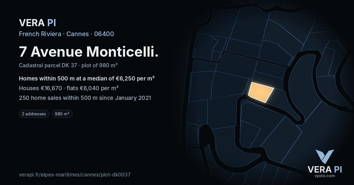 7 Avenue Monticelli, Cannes at night – the plot lit, the parcels around coloured by the prices near them