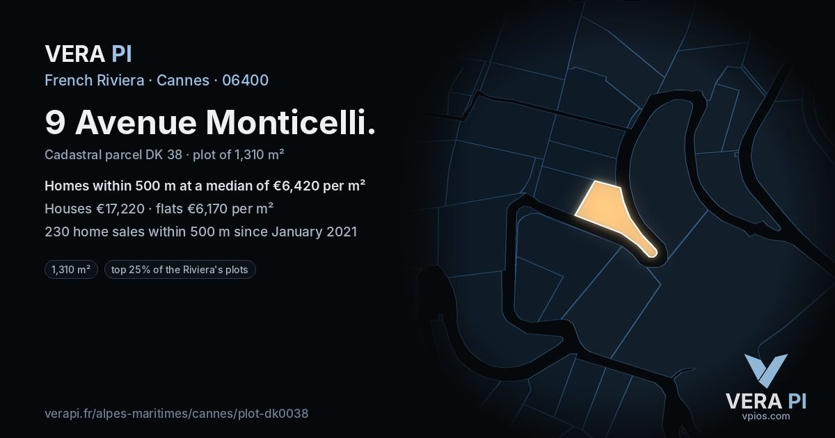9 Avenue Monticelli, Cannes at night – the plot lit, the parcels around coloured by the prices near them