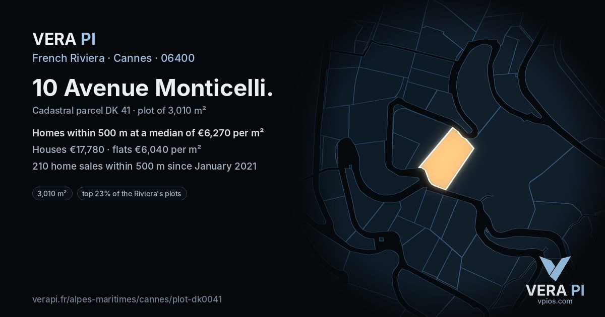 10 Avenue Monticelli, Cannes at night – the plot lit, the parcels around coloured by the prices near them