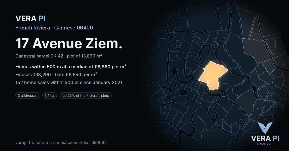17 Avenue Ziem, Cannes at night – the plot lit, the parcels around coloured by the prices near them