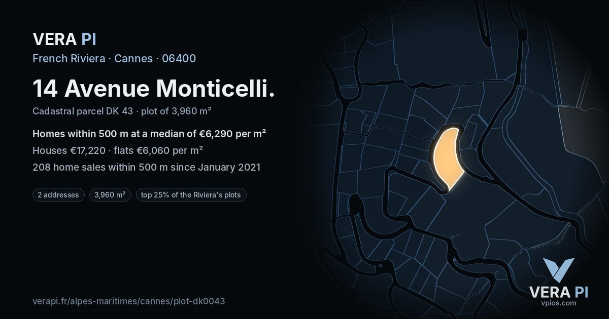 14 Avenue Monticelli, Cannes at night – the plot lit, the parcels around coloured by the prices near them