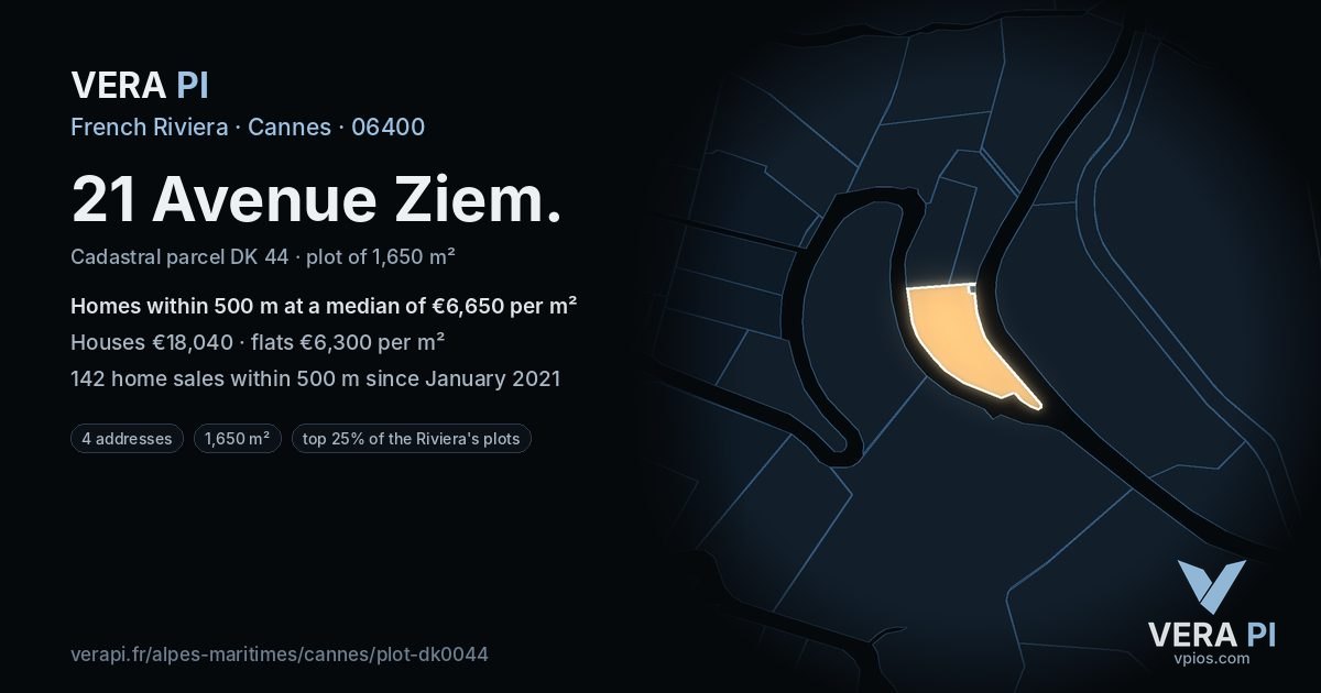 21 Avenue Ziem, Cannes at night – the plot lit, the parcels around coloured by the prices near them