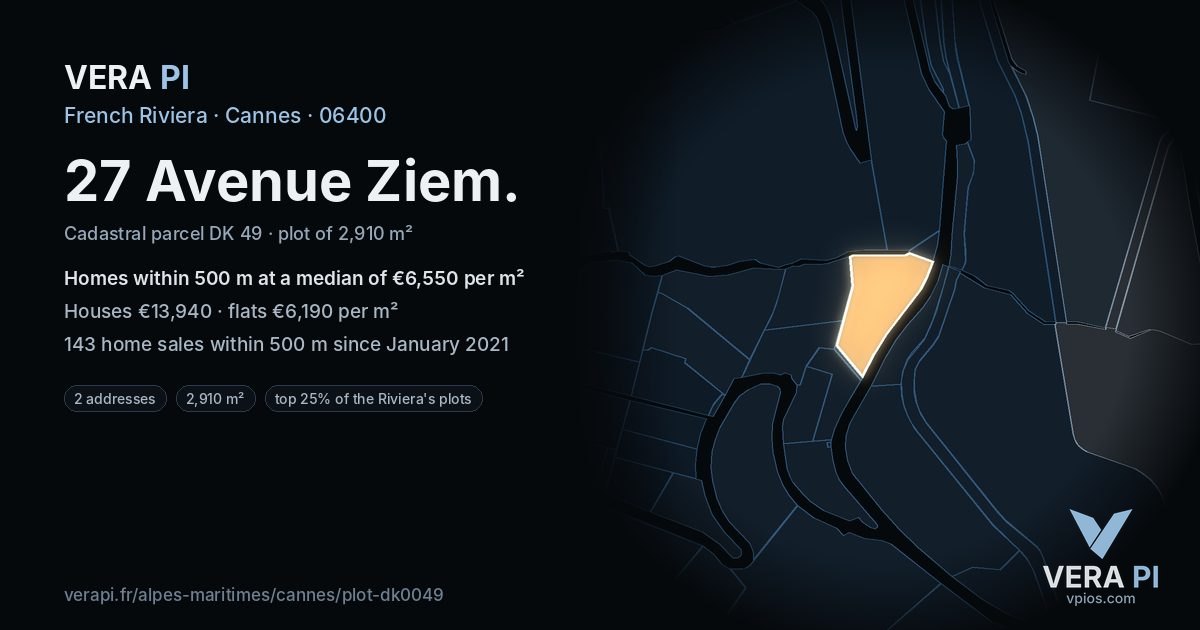 27 Avenue Ziem, Cannes at night – the plot lit, the parcels around coloured by the prices near them
