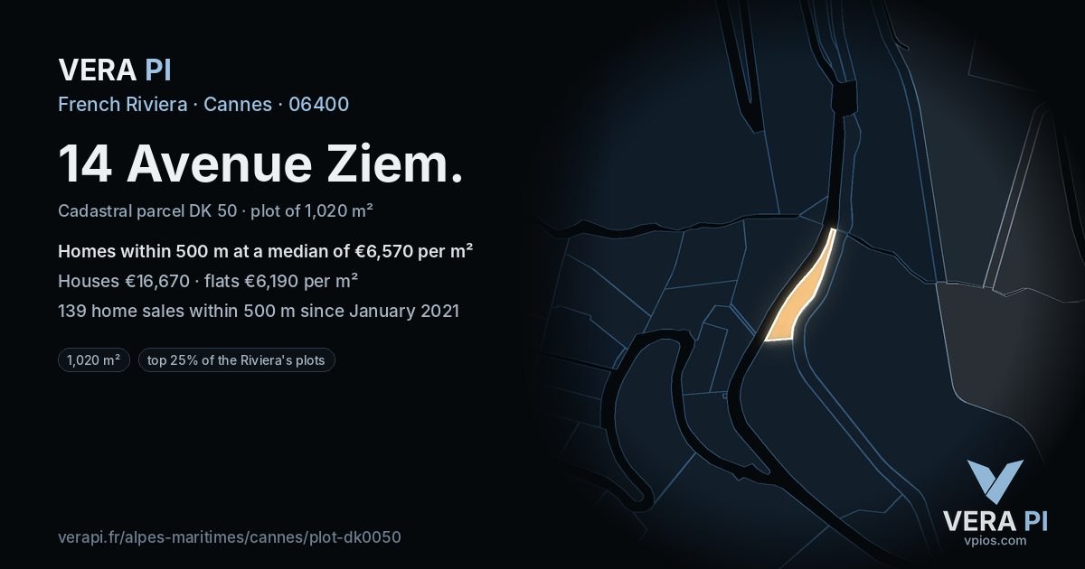 14 Avenue Ziem, Cannes at night – the plot lit, the parcels around coloured by the prices near them