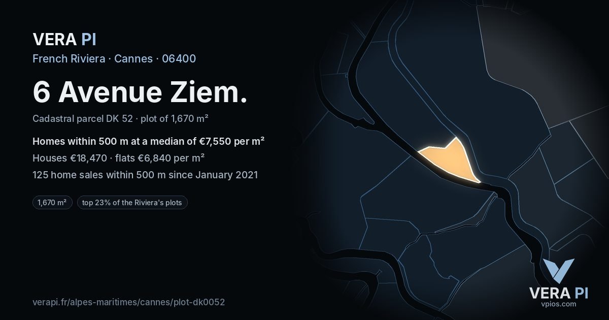 6 Avenue Ziem, Cannes at night – the plot lit, the parcels around coloured by the prices near them