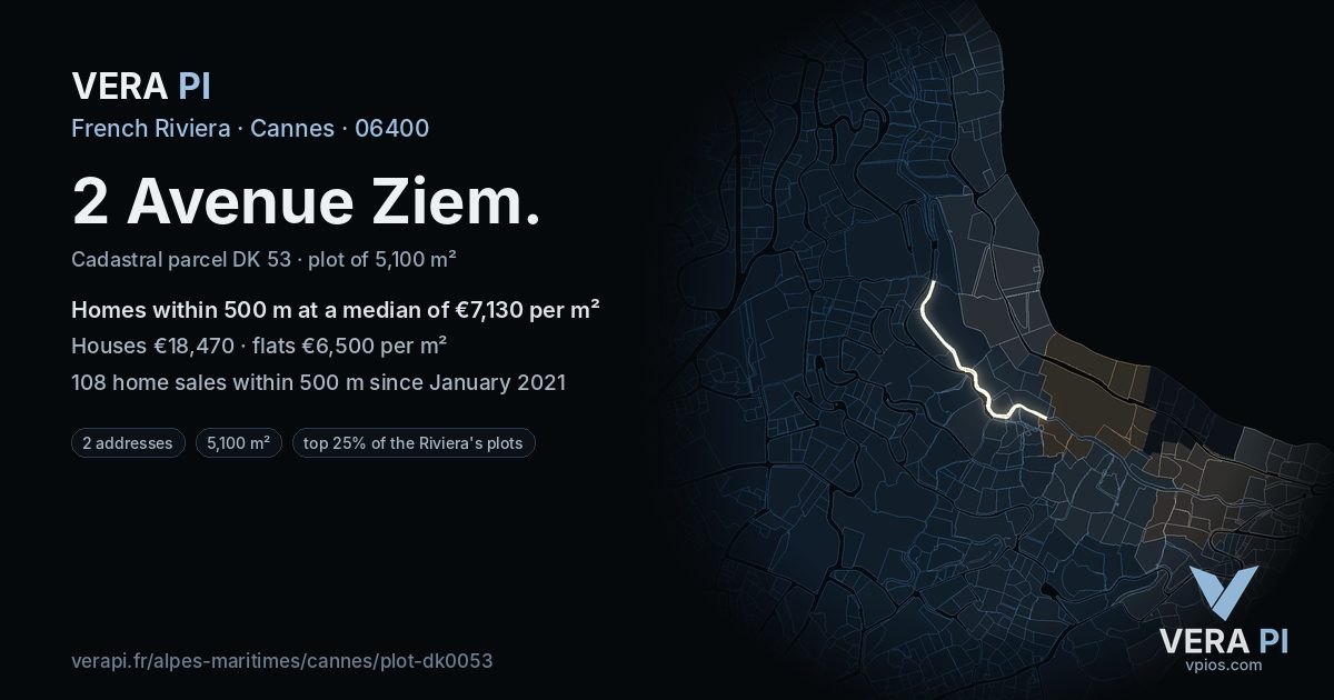 2 Avenue Ziem, Cannes at night – the plot lit, the parcels around coloured by the prices near them