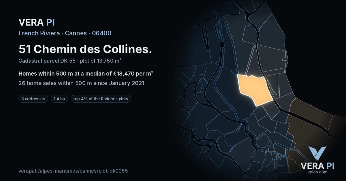 51 Chemin des Collines, Cannes at night – the plot lit, the parcels around coloured by the prices near them