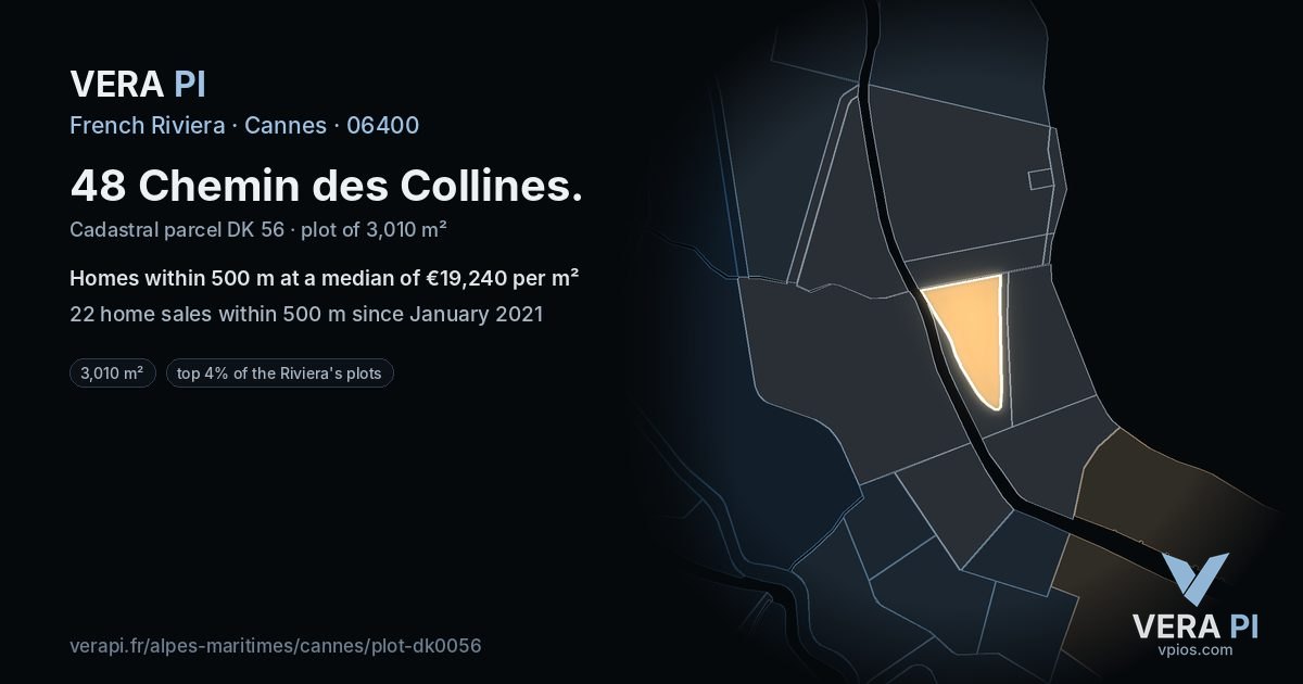 48 Chemin des Collines, Cannes at night – the plot lit, the parcels around coloured by the prices near them