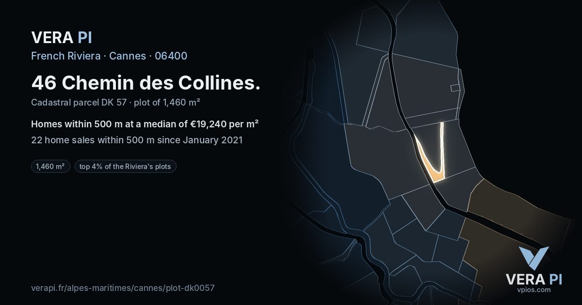 46 Chemin des Collines, Cannes at night – the plot lit, the parcels around coloured by the prices near them