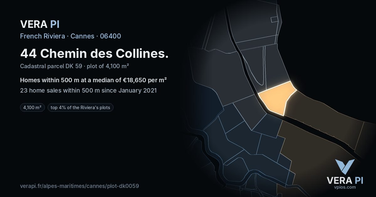 44 Chemin des Collines, Cannes at night – the plot lit, the parcels around coloured by the prices near them