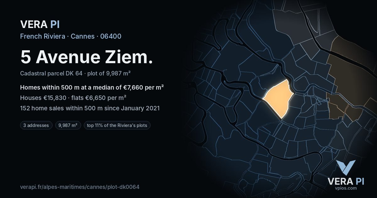 5 Avenue Ziem, Cannes at night – the plot lit, the parcels around coloured by the prices near them