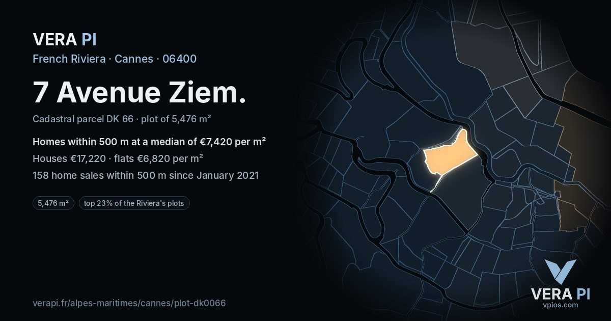 7 Avenue Ziem, Cannes at night – the plot lit, the parcels around coloured by the prices near them