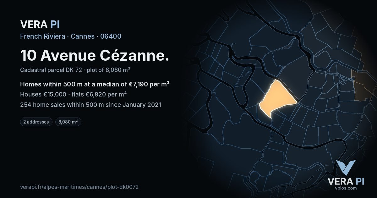 10 Avenue Cézanne, Cannes at night – the plot lit, the parcels around coloured by the prices near them