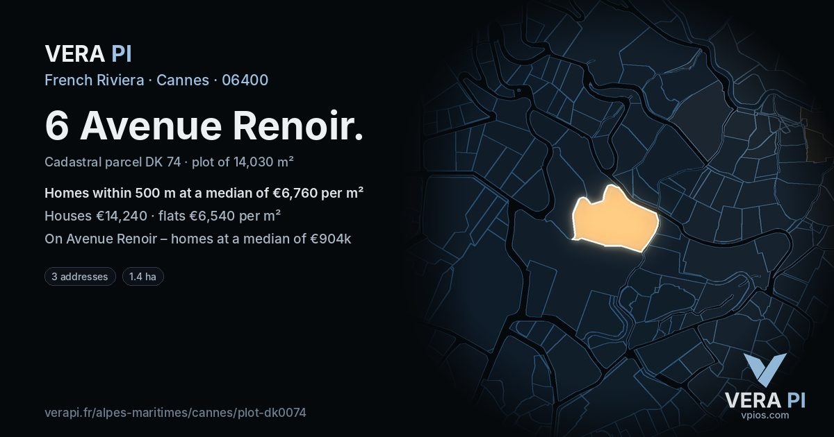 6 Avenue Renoir, Cannes at night – the plot lit, the parcels around coloured by the prices near them