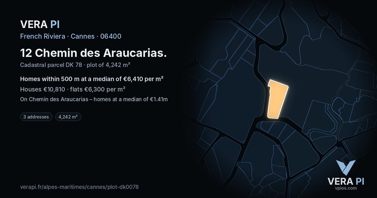 12 Chemin des Araucarias, Cannes at night – the plot lit, the parcels around coloured by the prices near them