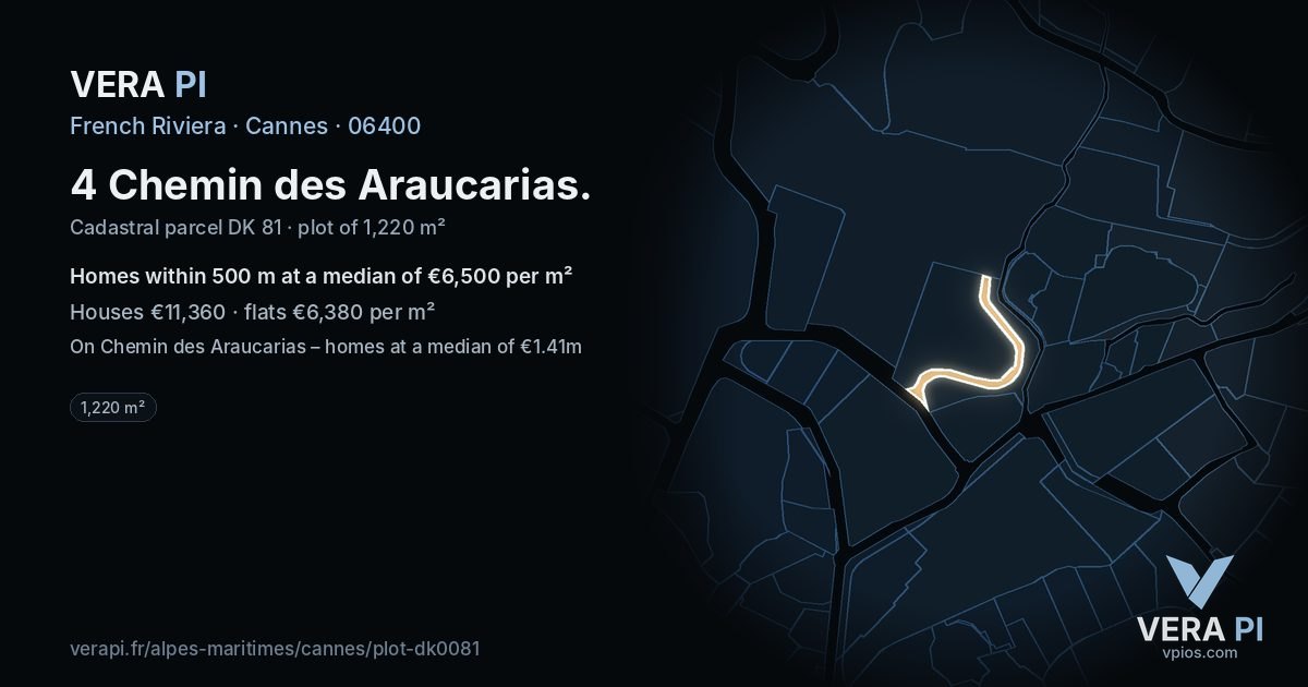 4 Chemin des Araucarias, Cannes at night – the plot lit, the parcels around coloured by the prices near them