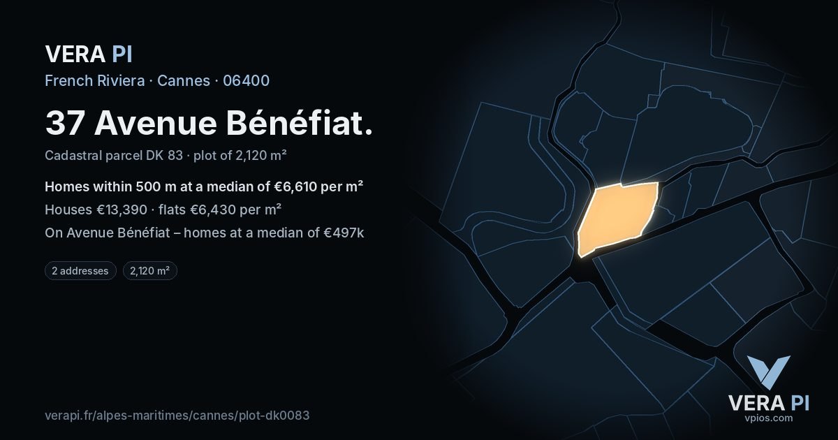 37 Avenue Bénéfiat, Cannes at night – the plot lit, the parcels around coloured by the prices near them