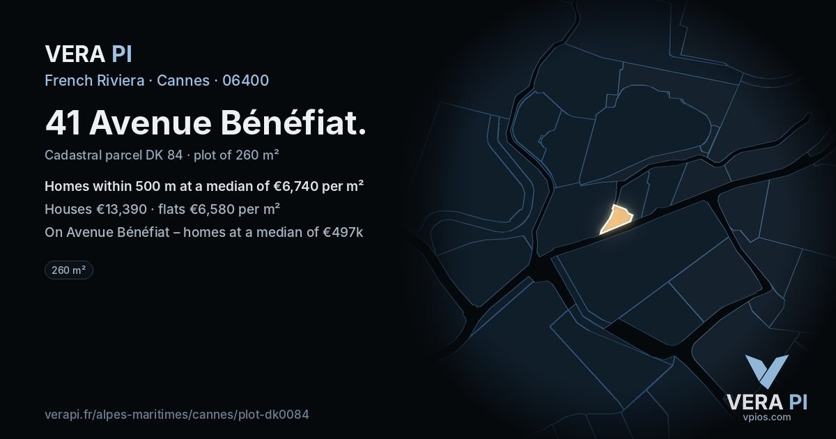41 Avenue Bénéfiat, Cannes at night – the plot lit, the parcels around coloured by the prices near them