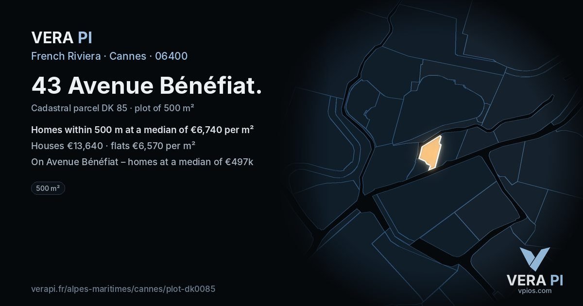 43 Avenue Bénéfiat, Cannes at night – the plot lit, the parcels around coloured by the prices near them