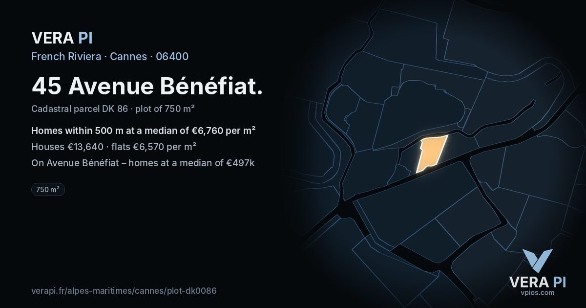 45 Avenue Bénéfiat, Cannes at night – the plot lit, the parcels around coloured by the prices near them