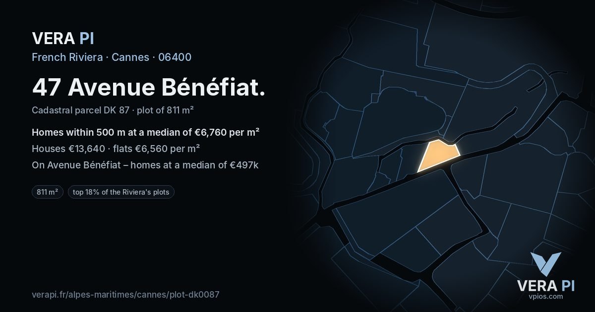 47 Avenue Bénéfiat, Cannes at night – the plot lit, the parcels around coloured by the prices near them