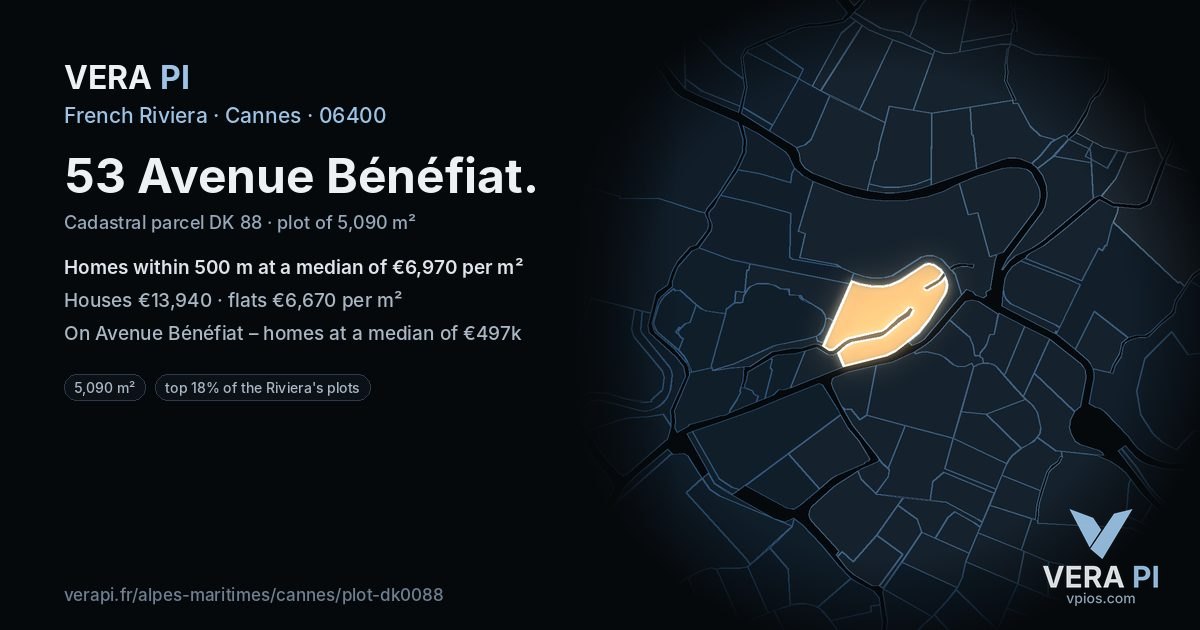 53 Avenue Bénéfiat, Cannes at night – the plot lit, the parcels around coloured by the prices near them