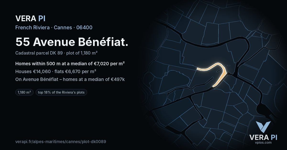 55 Avenue Bénéfiat, Cannes at night – the plot lit, the parcels around coloured by the prices near them