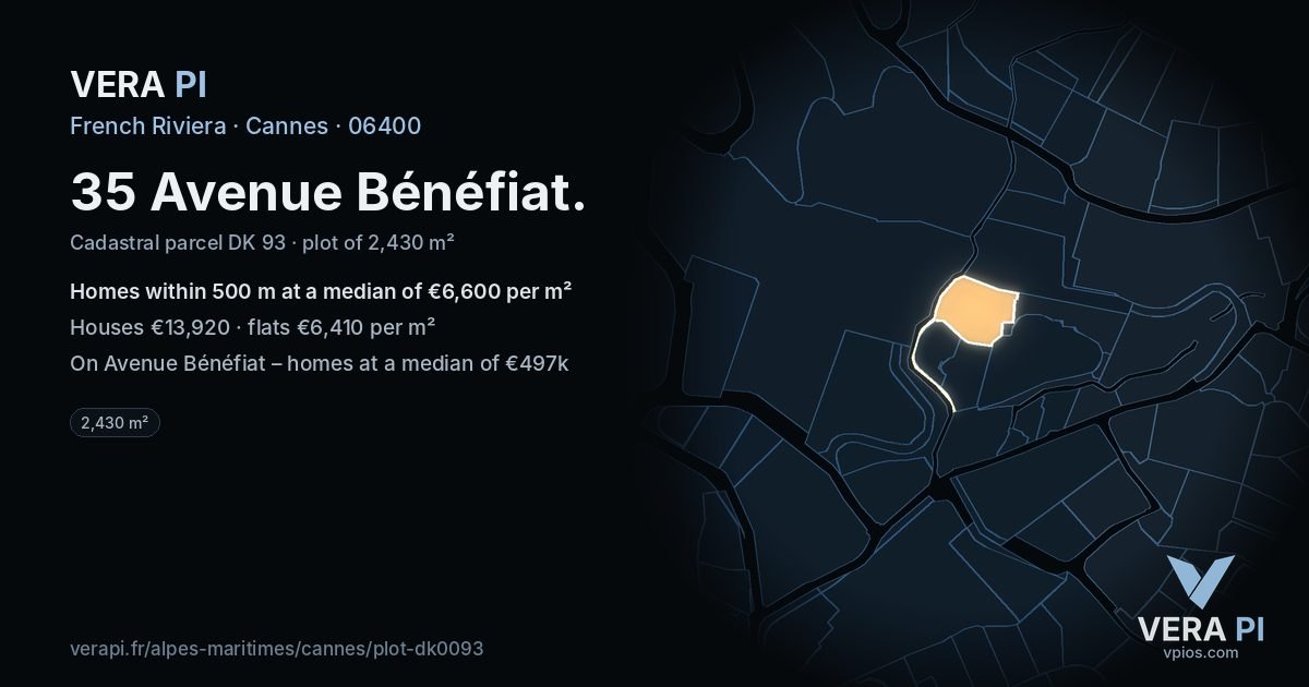 35 Avenue Bénéfiat, Cannes at night – the plot lit, the parcels around coloured by the prices near them