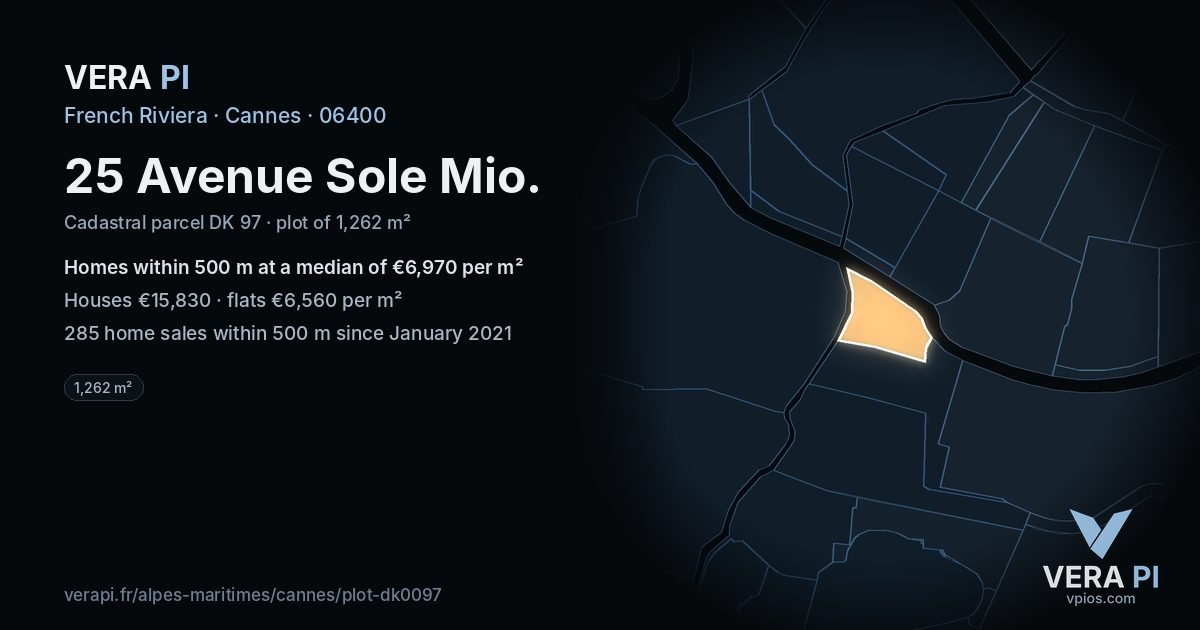 25 Avenue Sole Mio, Cannes at night – the plot lit, the parcels around coloured by the prices near them