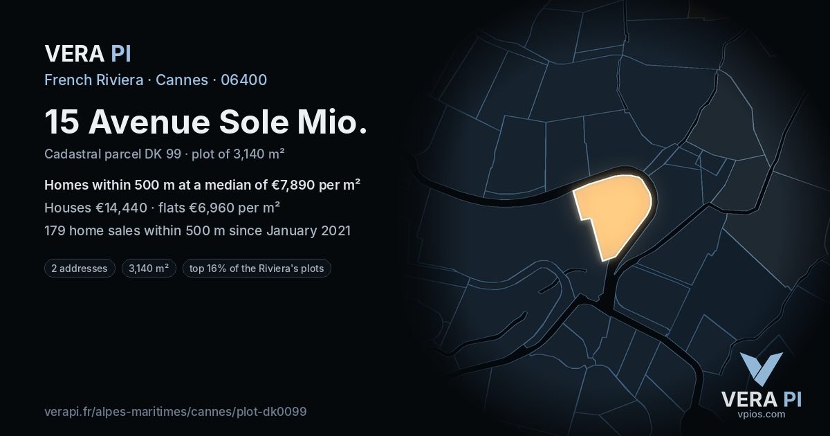 15 Avenue Sole Mio, Cannes at night – the plot lit, the parcels around coloured by the prices near them