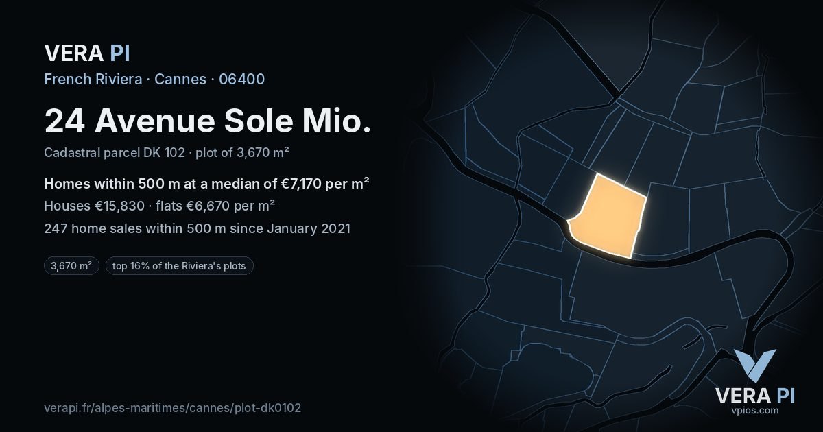 24 Avenue Sole Mio, Cannes at night – the plot lit, the parcels around coloured by the prices near them