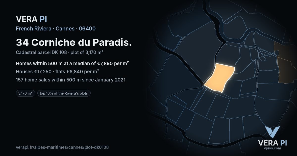 34 Corniche du Paradis, Cannes at night – the plot lit, the parcels around coloured by the prices near them