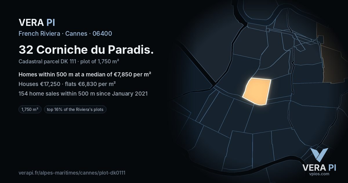 32 Corniche du Paradis, Cannes at night – the plot lit, the parcels around coloured by the prices near them