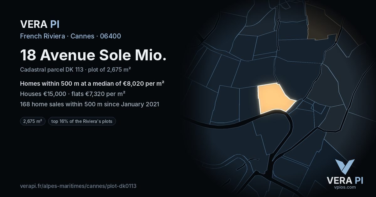 18 Avenue Sole Mio, Cannes at night – the plot lit, the parcels around coloured by the prices near them