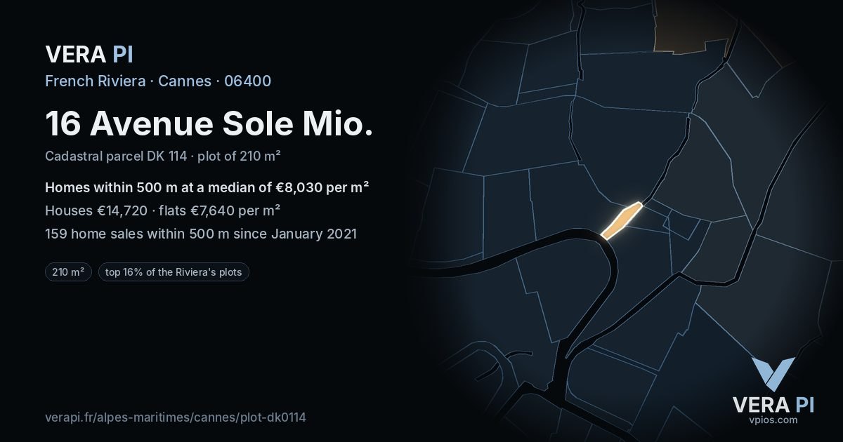 16 Avenue Sole Mio, Cannes at night – the plot lit, the parcels around coloured by the prices near them