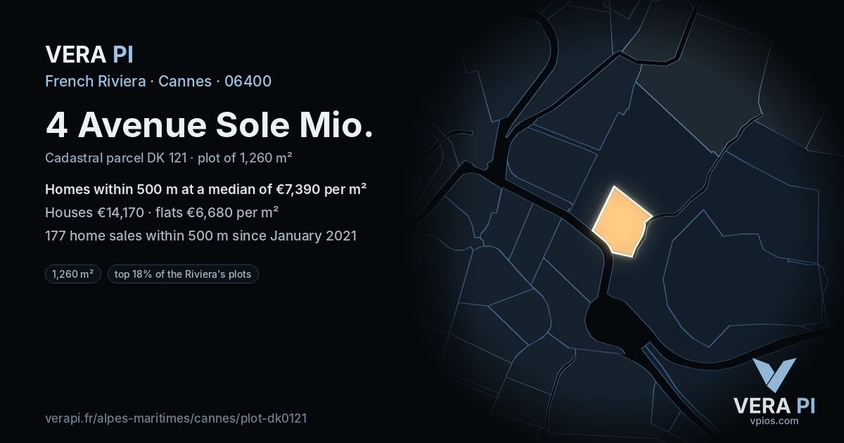 4 Avenue Sole Mio, Cannes at night – the plot lit, the parcels around coloured by the prices near them