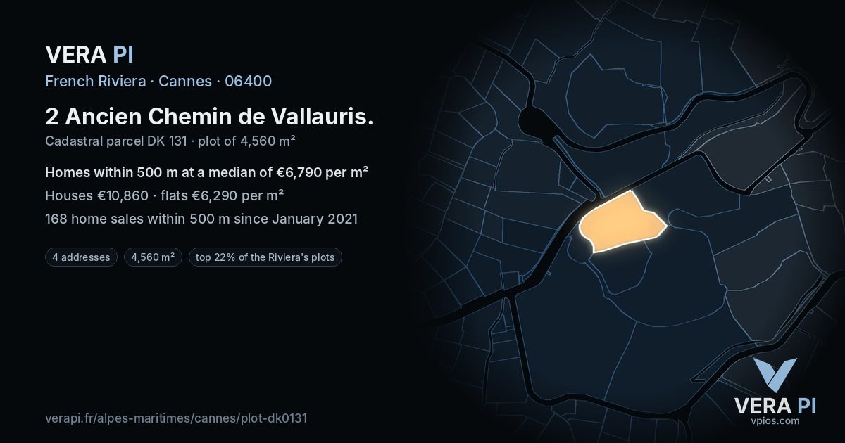 2 Ancien Chemin de Vallauris, Cannes at night – the plot lit, the parcels around coloured by the prices near them