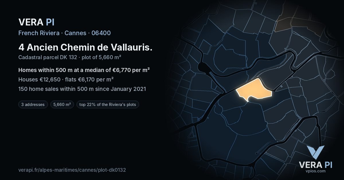 4 Ancien Chemin de Vallauris, Cannes at night – the plot lit, the parcels around coloured by the prices near them