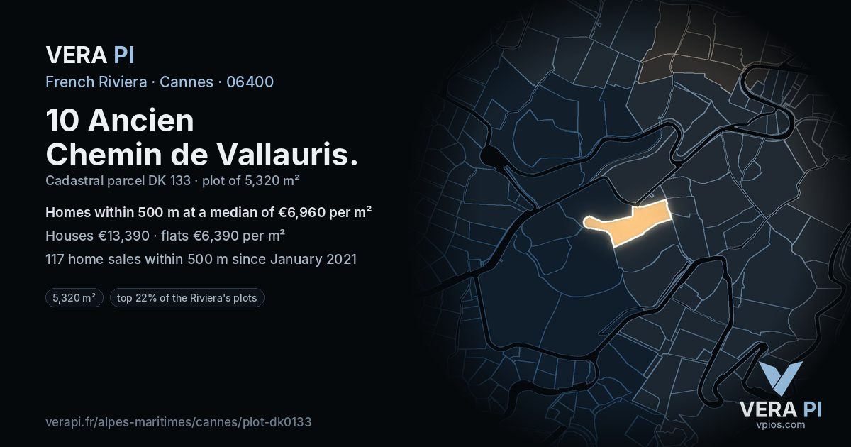 10 Ancien Chemin de Vallauris, Cannes at night – the plot lit, the parcels around coloured by the prices near them