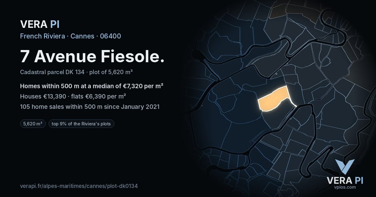 7 Avenue Fiesole, Cannes at night – the plot lit, the parcels around coloured by the prices near them