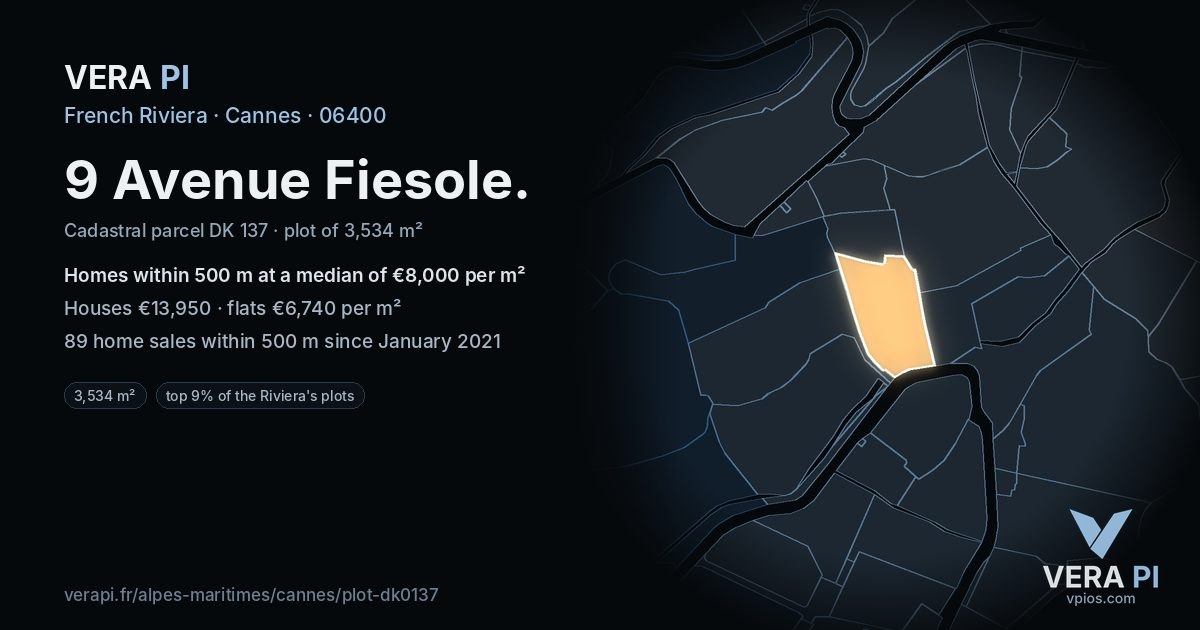 9 Avenue Fiesole, Cannes at night – the plot lit, the parcels around coloured by the prices near them