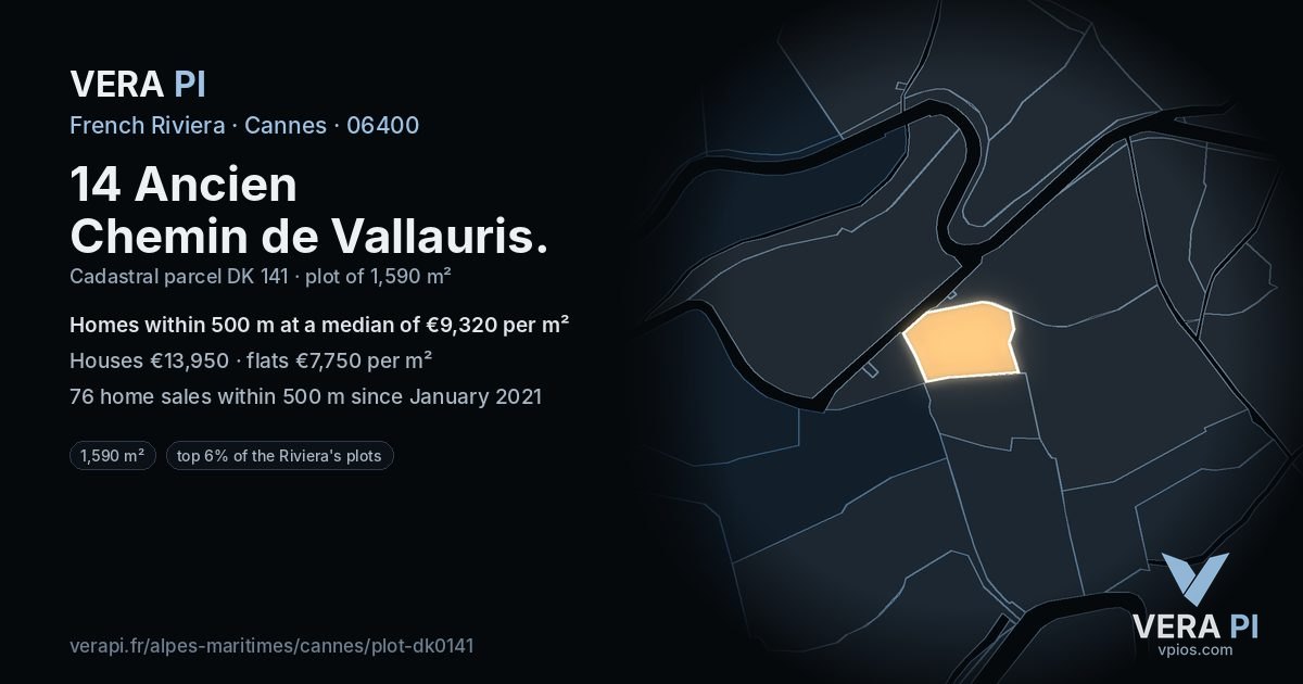 14 Ancien Chemin de Vallauris, Cannes at night – the plot lit, the parcels around coloured by the prices near them