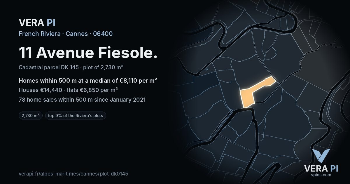 11 Avenue Fiesole, Cannes at night – the plot lit, the parcels around coloured by the prices near them
