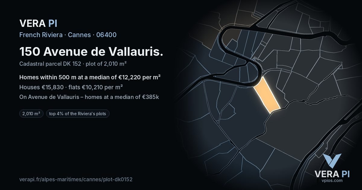 150 Avenue de Vallauris, Cannes at night – the plot lit, the parcels around coloured by the prices near them