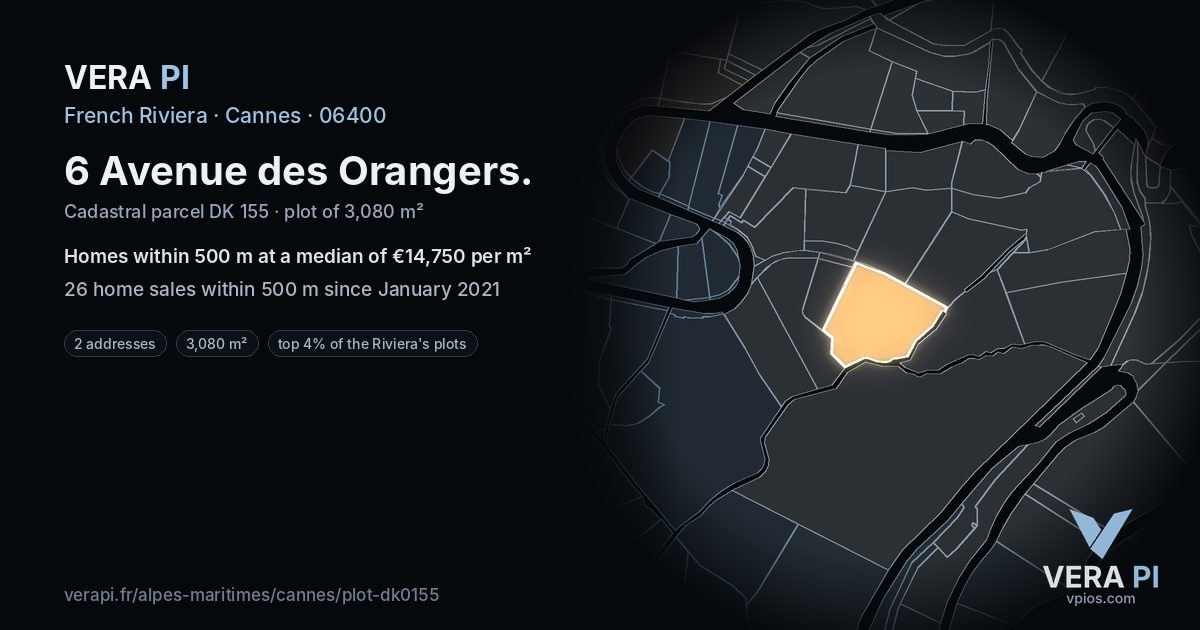 6 Avenue des Orangers, Cannes at night – the plot lit, the parcels around coloured by the prices near them