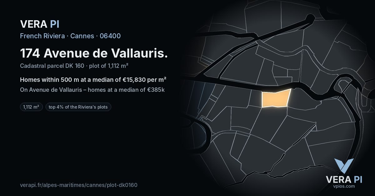 174 Avenue de Vallauris, Cannes at night – the plot lit, the parcels around coloured by the prices near them