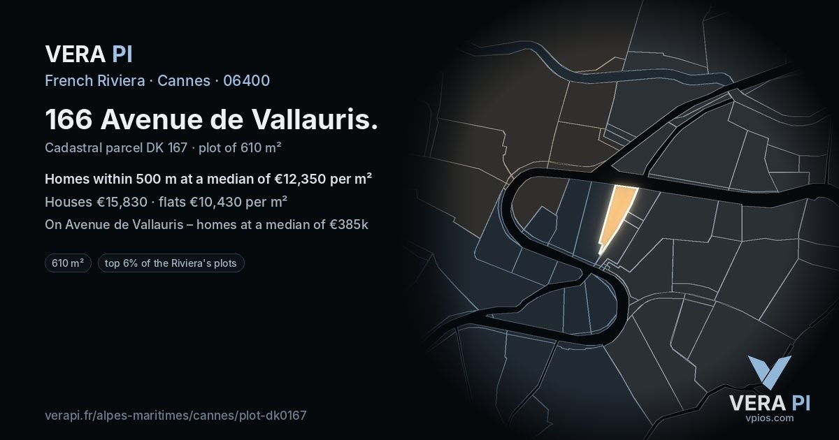 166 Avenue de Vallauris, Cannes at night – the plot lit, the parcels around coloured by the prices near them